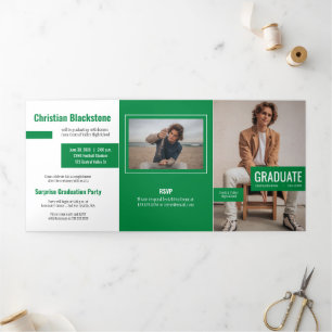 Blokken groene vierfoto's Afstuderen Tri-Fold Inv Drieluik Uitnodiging