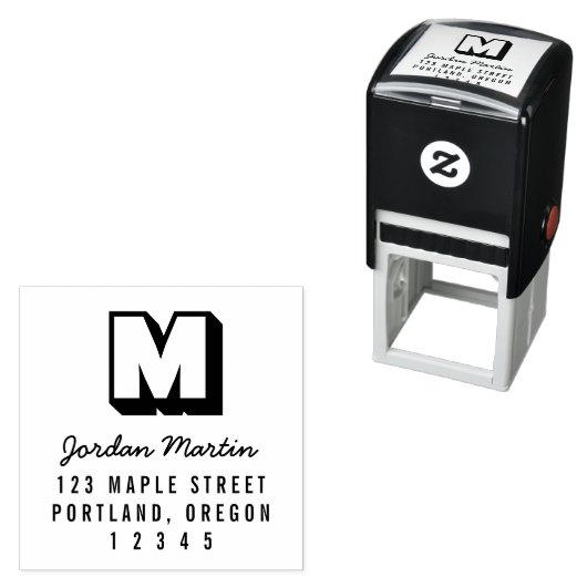 Blokkerig Monogram en Script Naam Retouradres Zelfinktende Stempel (In situ)