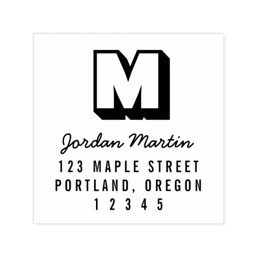Blokkerig Monogram en Script Naam Retouradres Zelfinktende Stempel (Design)