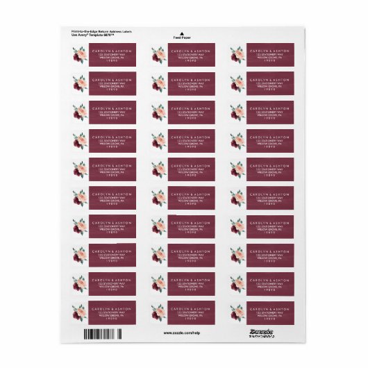 Blokkering | Maroon Waterverf Wedding Etiket (Full Sheet)
