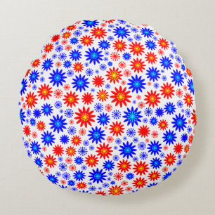 Blokkerpatroon - Blauwen met rood, geel en wit Rond Kussen