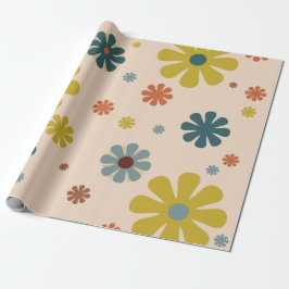 Blokkerretro 60s Patroonmosterd blauw Oranje Cadeaupapier