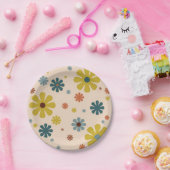 Blokkerretro 60s Patroonmosterd blauw Oranje Papieren Bordje (Feest)