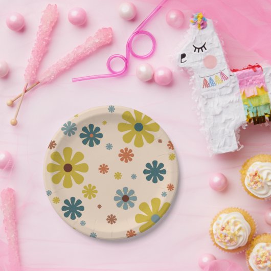 Blokkerretro 60s Patroonmosterd blauw Oranje Papieren Bordje (Feest)