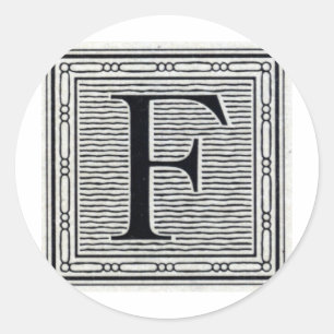 Blokletter "F" Woodcut Woodblock Inital Ronde Sticker