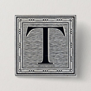 Blokletter "T" Woodcut Woodblock Inital Vierkante Button 5,1 Cm