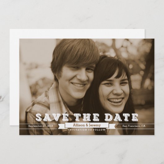  blokletters Sepia Foto Sla de datum op Save The Date (Voorkant / Achterkant)