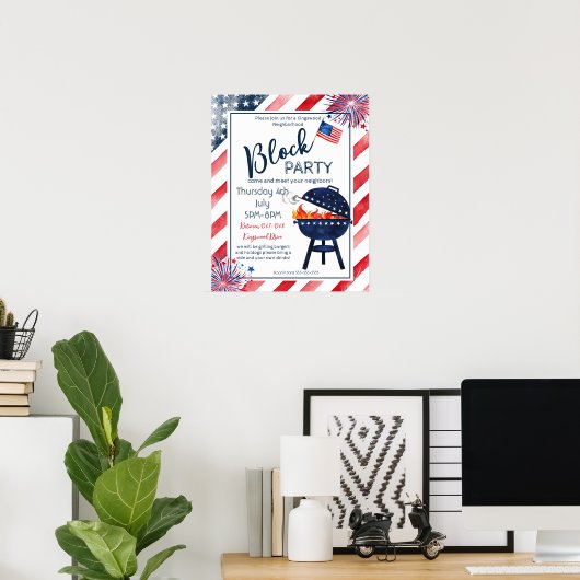 blokpartij 4th Juli BBQ straat partij buurman Poster (Thuiskantoor)