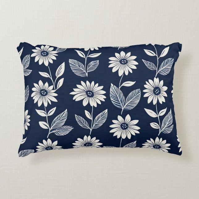 Blokprint boho bloemenblauw en wit accent kussen (Voorkant)