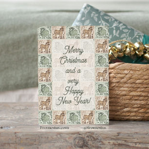 Blokprint Schaap Ezel Dekbed - Groen Kerstmis. Feestdagen Kaart