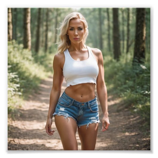 Blond Babe in Denim Shorts Wandering in Forest Foto Afdruk (Voorkant)