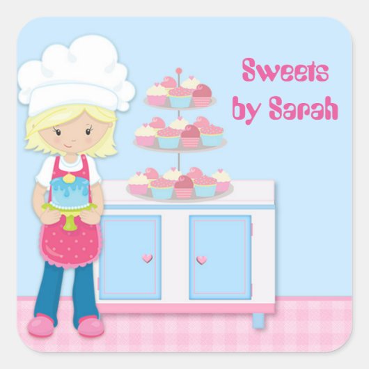 Blond Baker, Chef Pet, Roze Vierkante Sticker (Voorkant)
