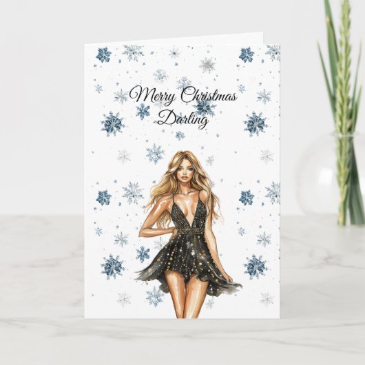 Blond Black Dress Snowflakes Christmas Kaart (Voorkant)