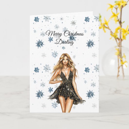 Blond Black Dress Snowflakes Christmas Kaart (Gele Bloem)