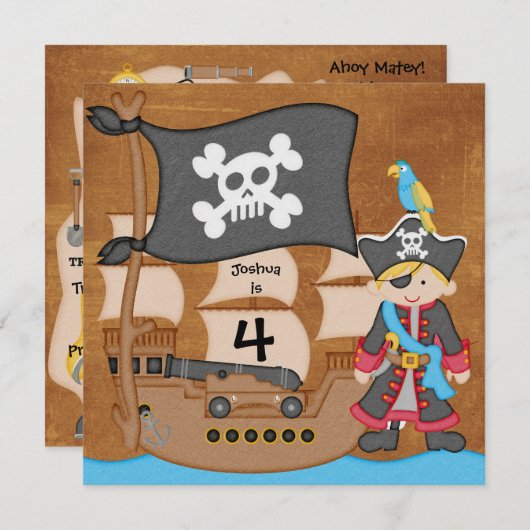 Blond Boy Pirate Ship Custom Birthday Invitation Kaart (Voorkant / Achterkant)