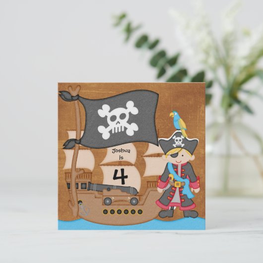Blond Boy Pirate Ship Custom Birthday Invitation Kaart (Staand voorkant)