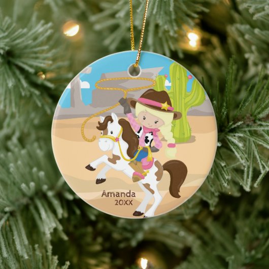 Blond Cowgirl PaardTerug Meisje Kerstmis Ornament (Boom)