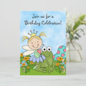 Blond Fairy Princess en Kikker Verjaardag Uitnodig Kaart (Staand voorkant)