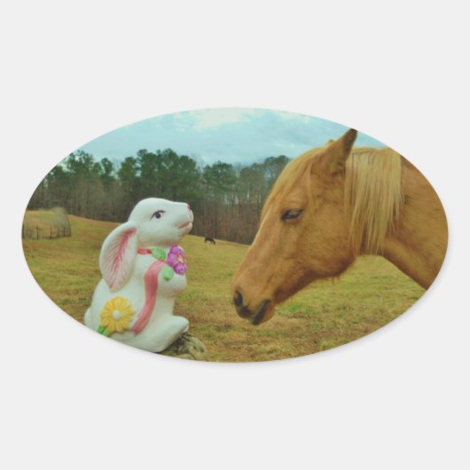 Blond geel paard en paashaas ovale sticker (Voorkant)