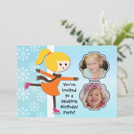 Blond Girl Birthday Skating Party Invitation Kaart (Staand voorkant)