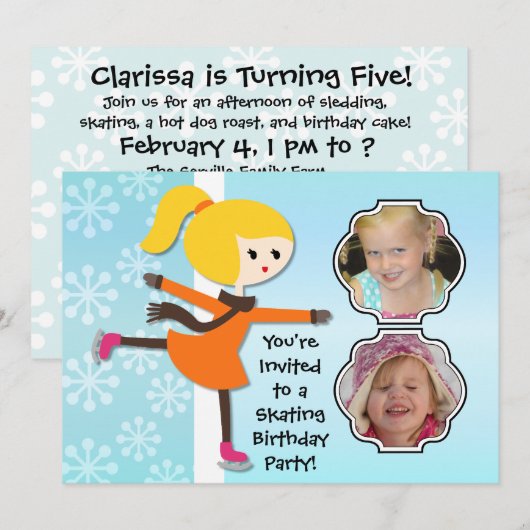Blond Girl Birthday Skating Party Invitation Kaart (Voorkant / Achterkant)