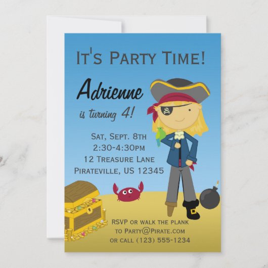 Blond Girl Pirate Birthday Party Invitation Kaart (Voorkant)