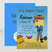 Blond Girl Pirate Birthday Party Invitation Kaart (Voorkant / Achterkant)