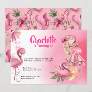 Blond Girl Tropical Pink Flamingo Birthday Kaart