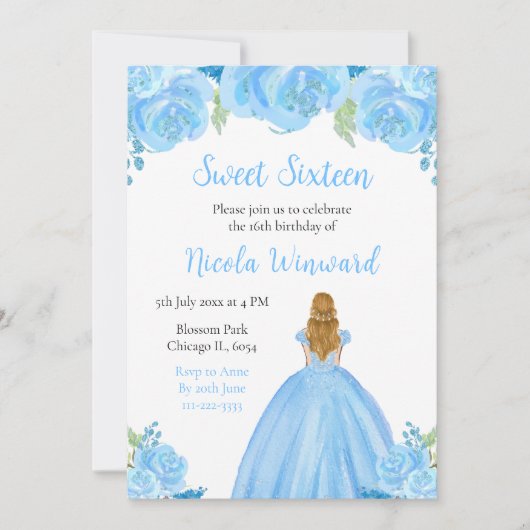 Blond haar Princess Blue Floral Sweet Sixteen Kaart (Voorkant)