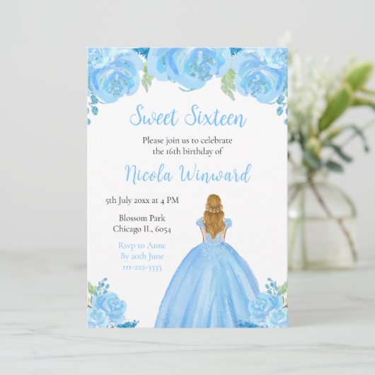 Blond haar Princess Blue Floral Sweet Sixteen Kaart (Staand voorkant)