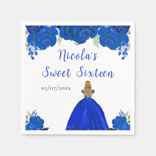 Blond haar Princess Blue Floral Sweet Sixteen Servet (Voorkant)