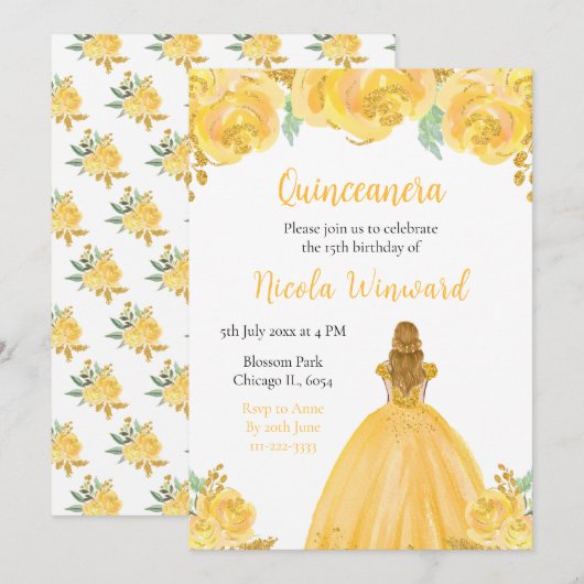 Blond haar Princess Gold Floral Quinceanera Kaart (Voorkant / Achterkant)