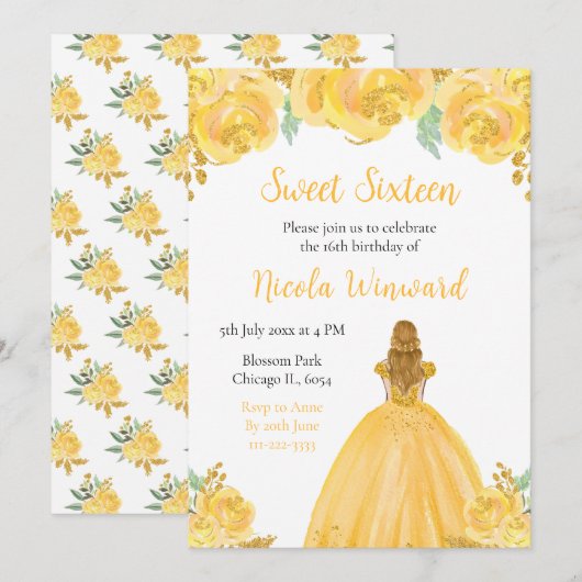 Blond haar Princess Gold Floral Sweet Sixteen Kaart (Voorkant / Achterkant)