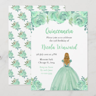 Blond haar Princess Mint Floral Quinceanera Kaart