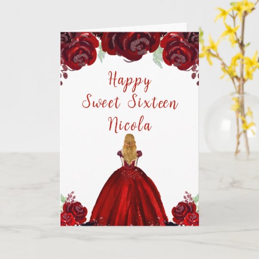 Blond haar Princess Red Floral Sweet Sixteen Kaart (Gele Bloem)