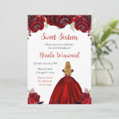 Blond haar Princess Red Floral Sweet Sixteen Kaart (Staand voorkant)