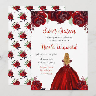 Blond haar Princess Red Floral Sweet Sixteen Kaart