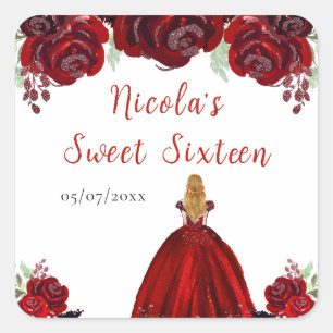 Blond haar Princess Red Floral Sweet Sixteen Vierkante Sticker