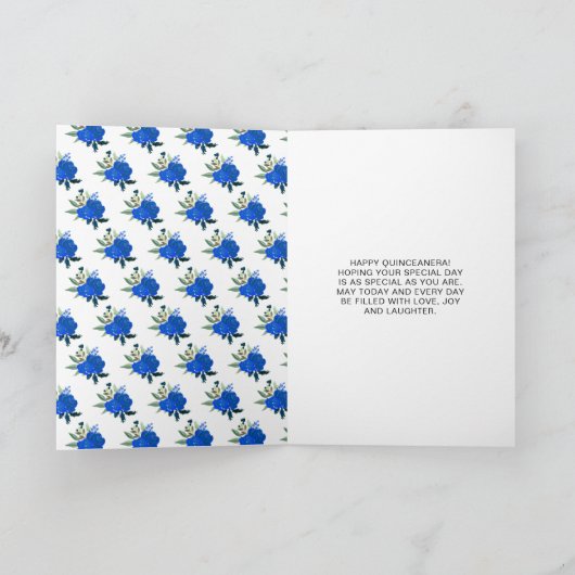 Blond Haar Prinses Blauw Bloemen Quinceanera Kaart (Binnen)