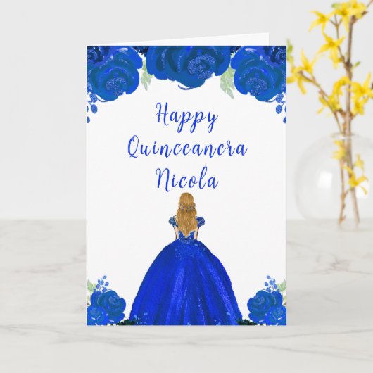 Blond Haar Prinses Blauw Bloemen Quinceanera Kaart (Gele Bloem)