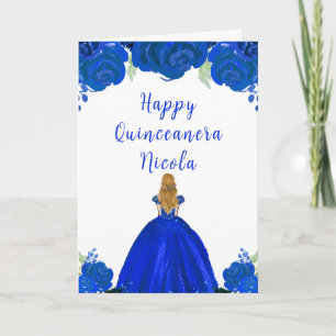 Blond Haar Prinses Blauw Bloemen Quinceanera Kaart
