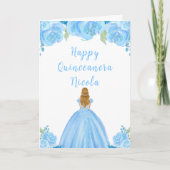 Blond Haar Prinses Blauw Bloemen Quinceanera Kaart (Voorkant)