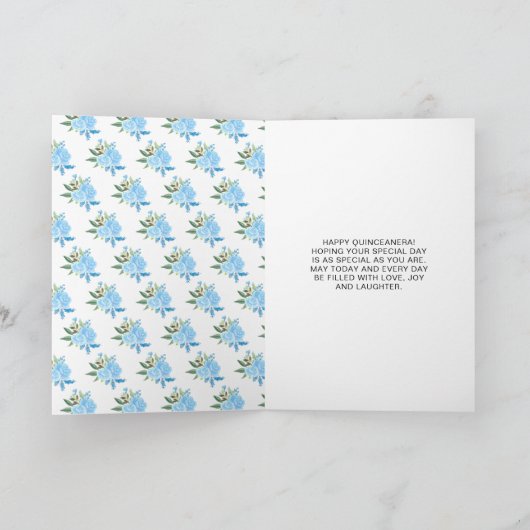 Blond Haar Prinses Blauw Bloemen Quinceanera Kaart (Binnen)