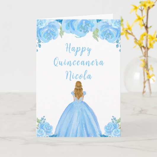Blond Haar Prinses Blauw Bloemen Quinceanera Kaart (Gele Bloem)