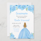 Blond Haar Prinses Blauw Bloemen Quinceanera Kaart (Voorkant)