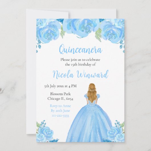 Blond Haar Prinses Blauw Bloemen Quinceanera Kaart (Voorkant)