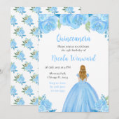 Blond Haar Prinses Blauw Bloemen Quinceanera Kaart (Voorkant / Achterkant)