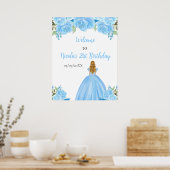 Blond Haar Prinses Blauw Bloemen Verjaardag Welkom Poster (Keuken)