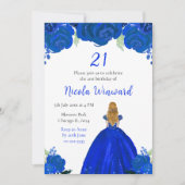 Blond Haar Prinses Blauw Bloemen Verjaardagsfeest Kaart (Voorkant)
