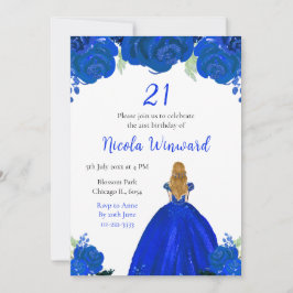 Blond Haar Prinses Blauw Bloemen Verjaardagsfeest Kaart